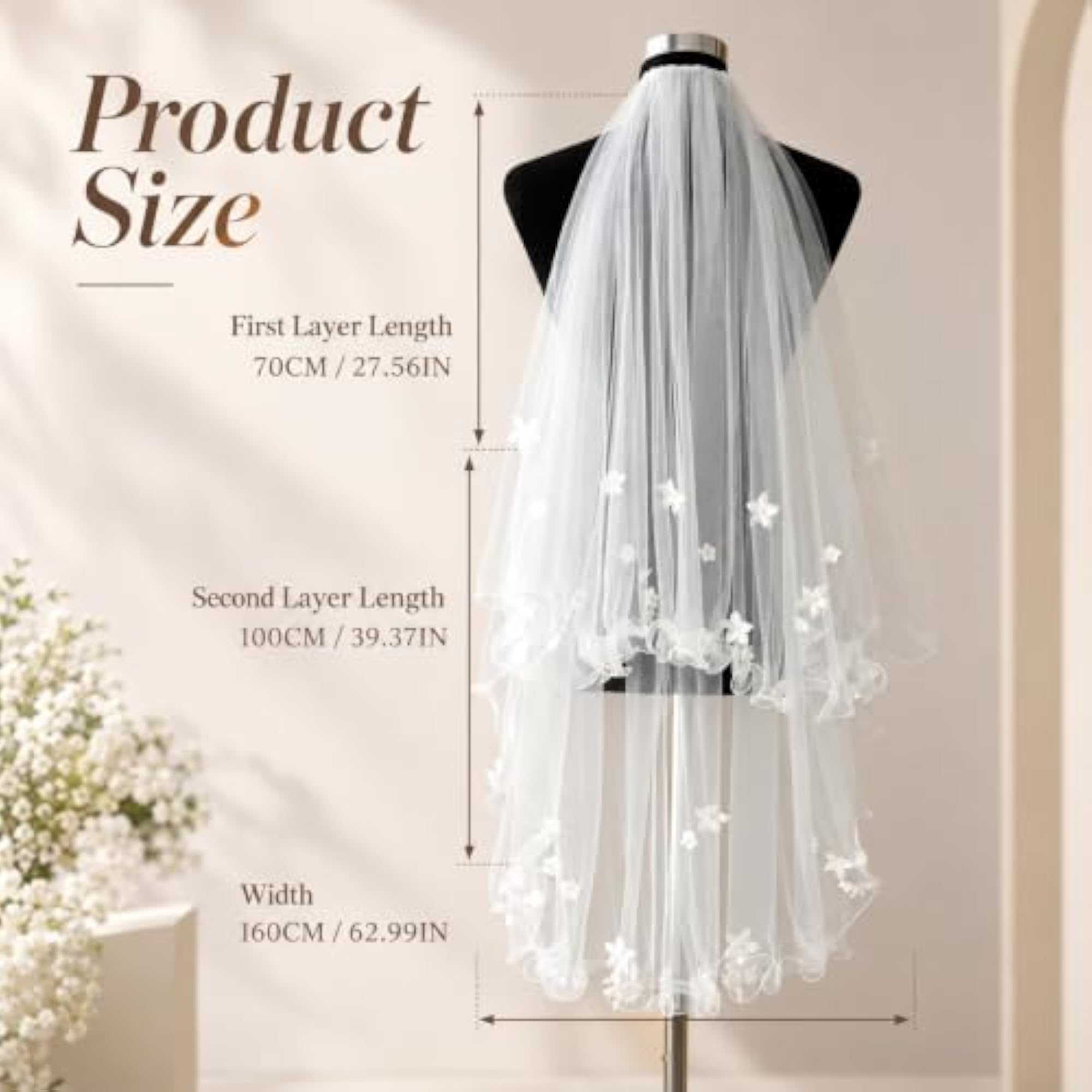 3D Floral Wave Edge Bridal Veil Double Layer Nuptial Headpiece